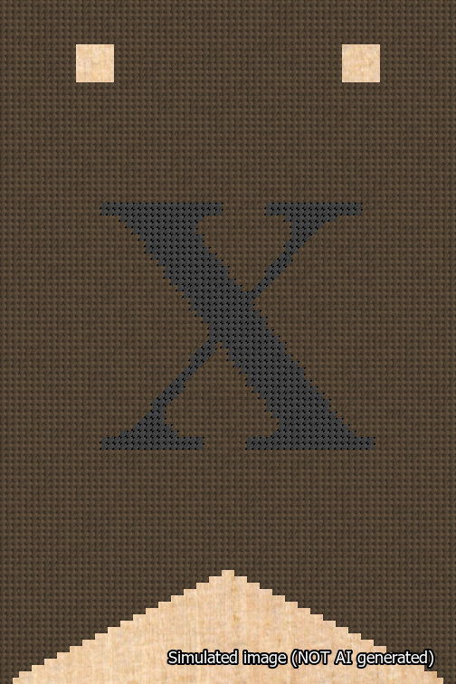 A simulated image of the stitched needlepoint design: Banner 18m Forked X Black on Brown. Not A.I. generated.