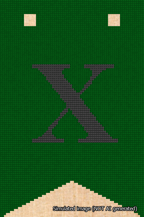 A simulated image of the stitched needlepoint design: Banner 18m Forked X Black on Green. Not A.I. generated.