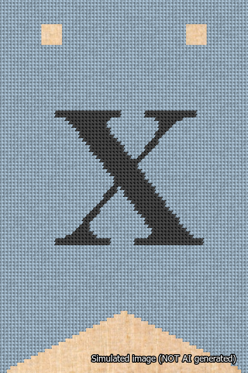 A simulated image of the stitched needlepoint design: Banner 18m Forked X Black on Light Blue. Not A.I. generated.