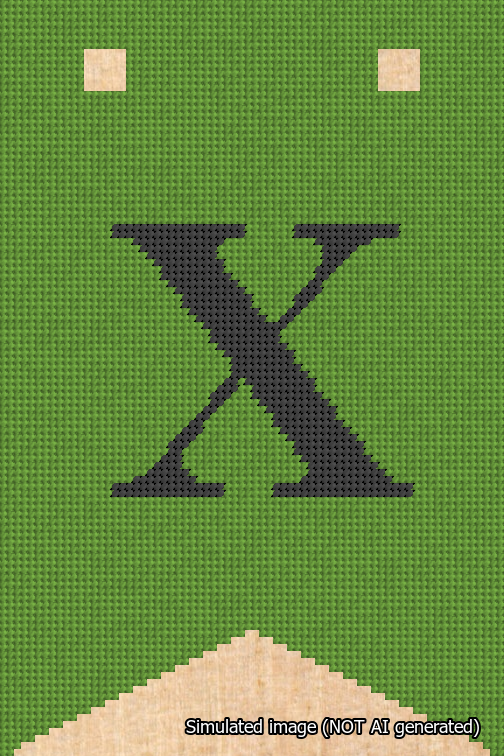 A simulated image of the stitched needlepoint design: Banner 18m Forked X Black on Light Green. Not A.I. generated.