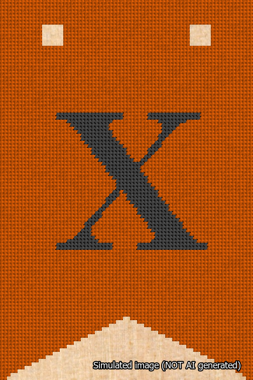 A simulated image of the stitched needlepoint design: Banner 18m Forked X Black on Orange. Not A.I. generated.