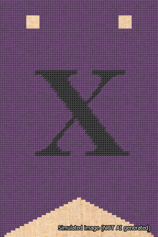 A simulated image of the stitched needlepoint design: Banner 18m Forked X Black on Purple. Not A.I. generated.