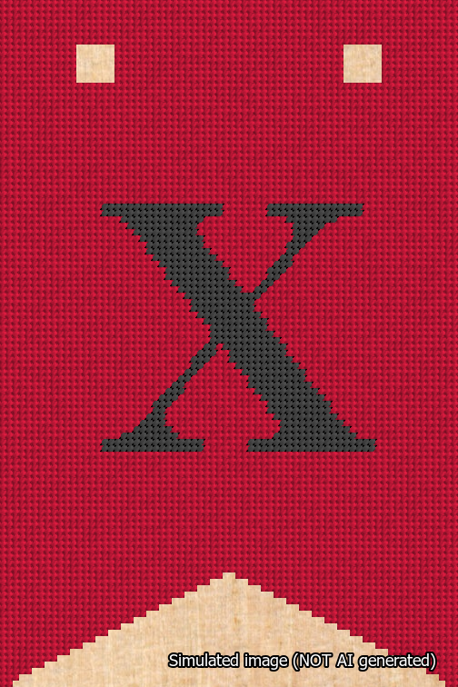 A simulated image of the stitched needlepoint design: Banner 18m Forked X Black on Red. Not A.I. generated.