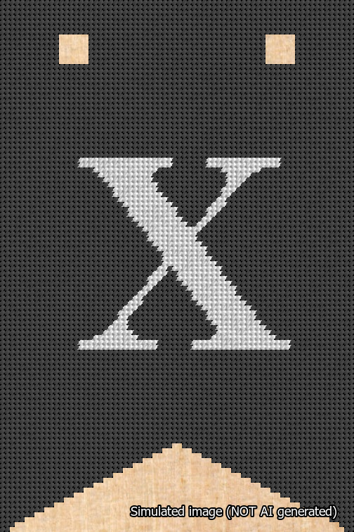 A simulated image of the stitched needlepoint design: Banner 18m Forked X White on Black. Not A.I. generated.