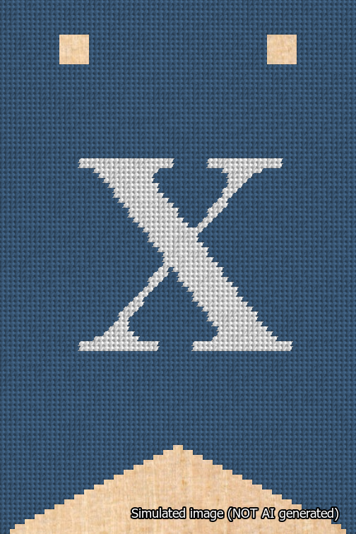 A simulated image of the stitched needlepoint design: Banner 18m Forked X White on Blue. Not A.I. generated.