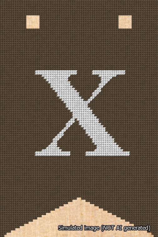 A simulated image of the stitched needlepoint design: Banner 18m Forked X White on Brown. Not A.I. generated.