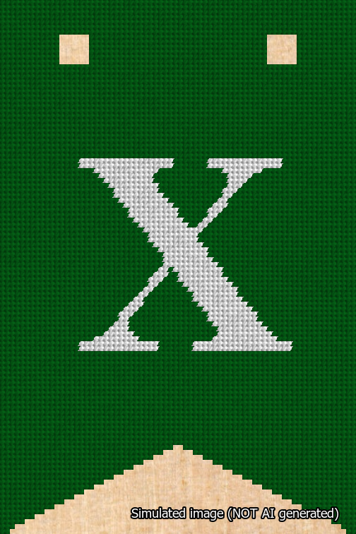 A simulated image of the stitched needlepoint design: Banner 18m Forked X White on Green. Not A.I. generated.