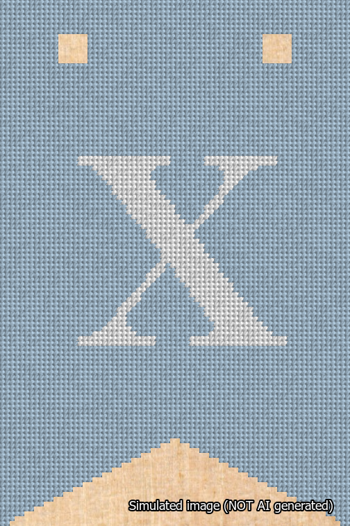 A simulated image of the stitched needlepoint design: Banner 18m Forked X White on Light Blue. Not A.I. generated.