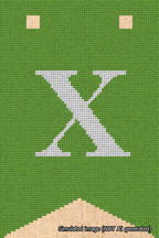 A simulated image of the stitched needlepoint design: Banner 18m Forked X White on Light Green. Not A.I. generated.