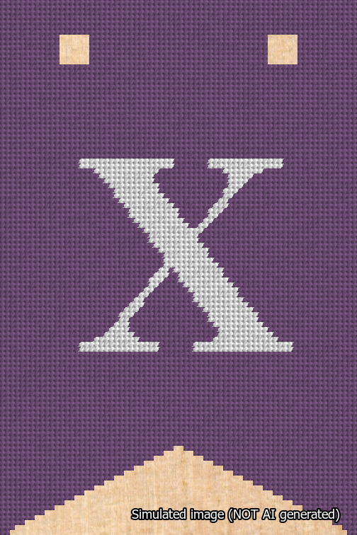 A simulated image of the stitched needlepoint design: Banner 18m Forked X White on Purple. Not A.I. generated.