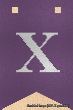 A simulated image of the stitched needlepoint design: Banner 18m Forked X White on Purple. Not A.I. generated.