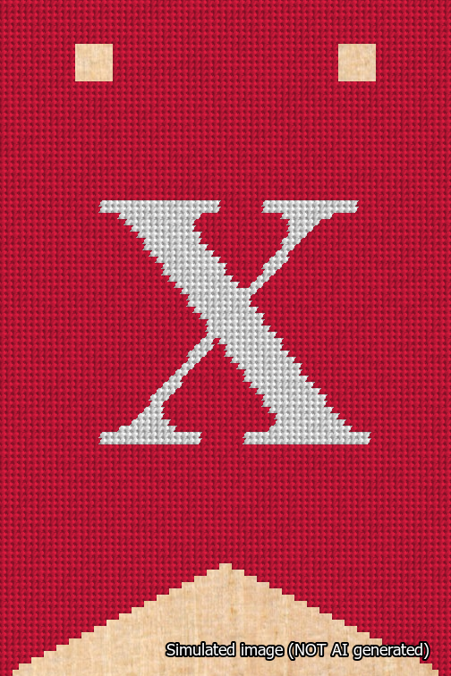 A simulated image of the stitched needlepoint design: Banner 18m Forked X White on Red. Not A.I. generated.