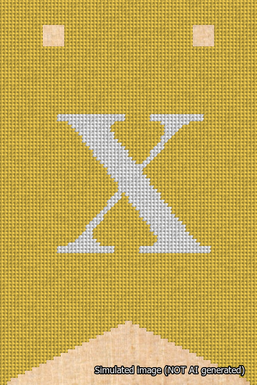 A simulated image of the stitched needlepoint design: Banner 18m Forked X White on Yellow. Not A.I. generated.