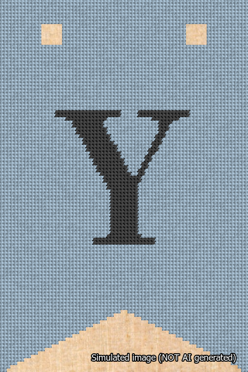 A simulated image of the stitched needlepoint design: Banner 18m Forked Y Black on Light Blue. Not A.I. generated.