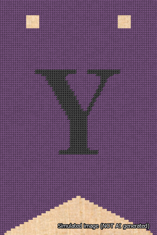 A simulated image of the stitched needlepoint design: Banner 18m Forked Y Black on Purple. Not A.I. generated.