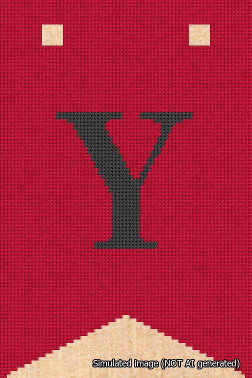 A simulated image of the stitched needlepoint design: Banner 18m Forked Y Black on Red. Not A.I. generated.