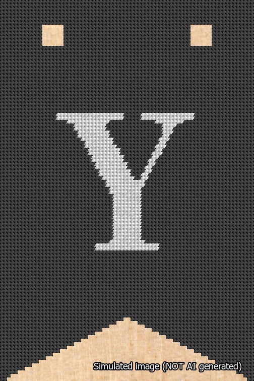 A simulated image of the stitched needlepoint design: Banner 18m Forked Y White on Black. Not A.I. generated.