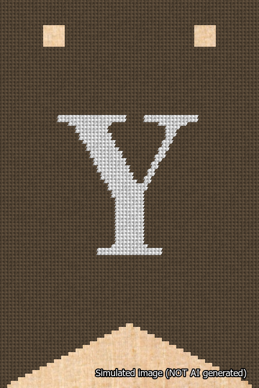 A simulated image of the stitched needlepoint design: Banner 18m Forked Y White on Brown. Not A.I. generated.