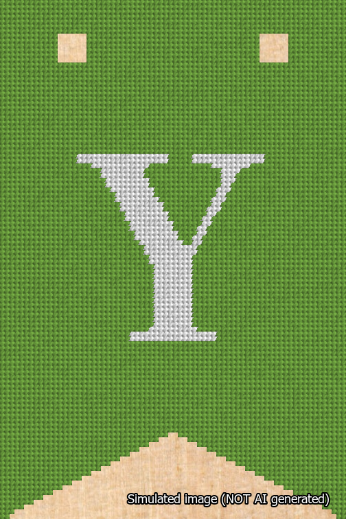 A simulated image of the stitched needlepoint design: Banner 18m Forked Y White on Light Green. Not A.I. generated.