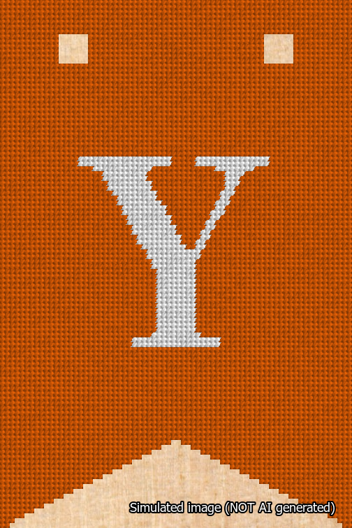 A simulated image of the stitched needlepoint design: Banner 18m Forked Y White on Orange. Not A.I. generated.