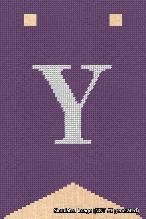 A simulated image of the stitched needlepoint design: Banner 18m Forked Y White on Purple. Not A.I. generated.