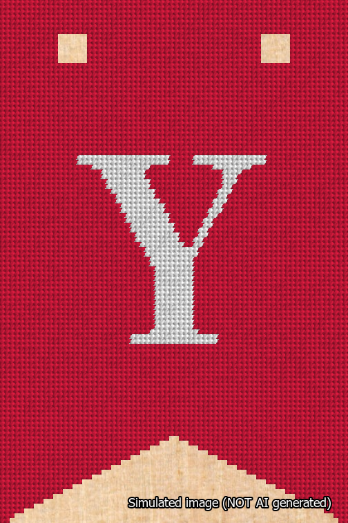 A simulated image of the stitched needlepoint design: Banner 18m Forked Y White on Red. Not A.I. generated.