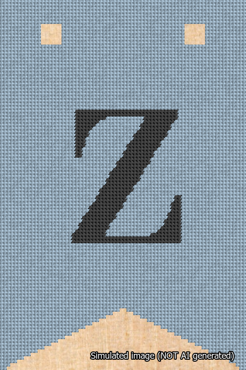 A simulated image of the stitched needlepoint design: Banner 18m Forked Z Black on Light Blue. Not A.I. generated.