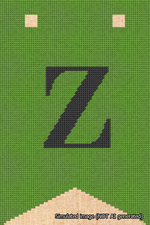 A simulated image of the stitched needlepoint design: Banner 18m Forked Z Black on Light Green. Not A.I. generated.