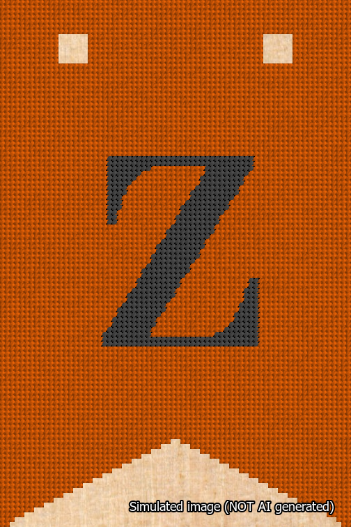 A simulated image of the stitched needlepoint design: Banner 18m Forked Z Black on Orange. Not A.I. generated.