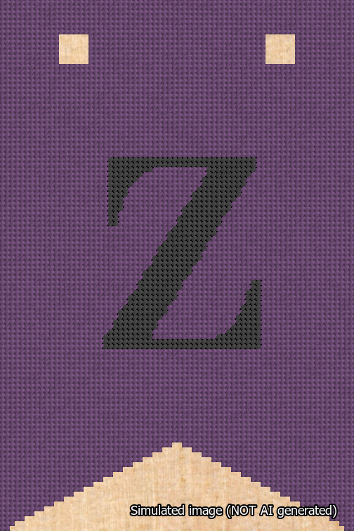 A simulated image of the stitched needlepoint design: Banner 18m Forked Z Black on Purple. Not A.I. generated.