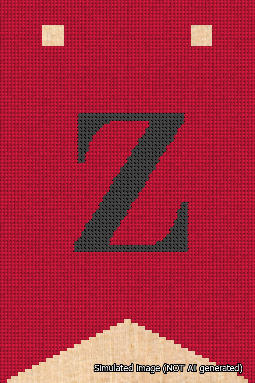 A simulated image of the stitched needlepoint design: Banner 18m Forked Z Black on Red. Not A.I. generated.