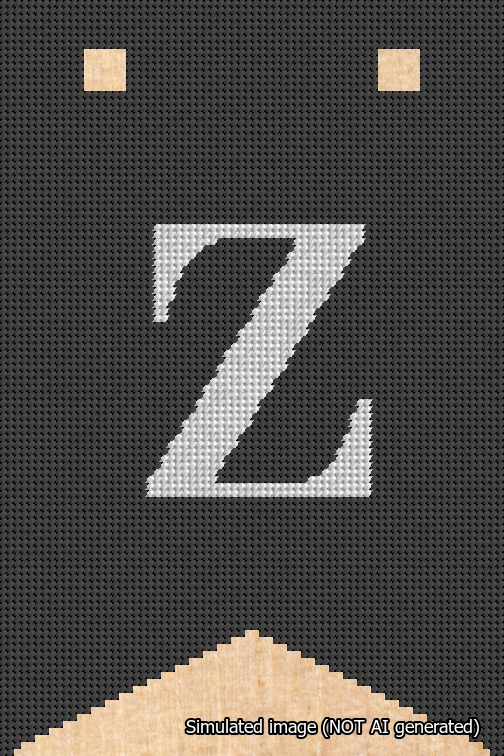A simulated image of the stitched needlepoint design: Banner 18m Forked Z White on Black. Not A.I. generated.