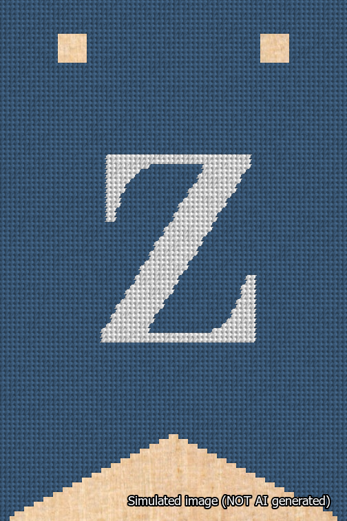 A simulated image of the stitched needlepoint design: Banner 18m Forked Z White on Blue. Not A.I. generated.