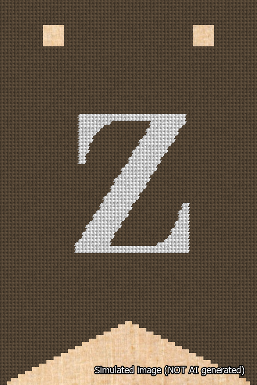 A simulated image of the stitched needlepoint design: Banner 18m Forked Z White on Brown. Not A.I. generated.