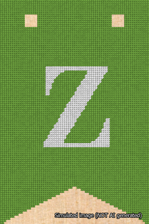 A simulated image of the stitched needlepoint design: Banner 18m Forked Z White on Light Green. Not A.I. generated.