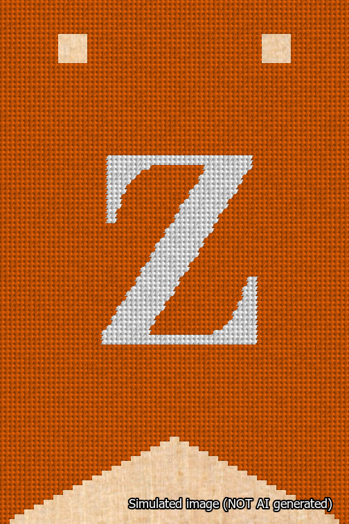 A simulated image of the stitched needlepoint design: Banner 18m Forked Z White on Orange. Not A.I. generated.