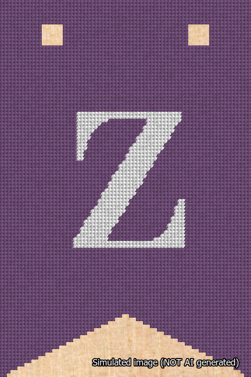 A simulated image of the stitched needlepoint design: Banner 18m Forked Z White on Purple. Not A.I. generated.