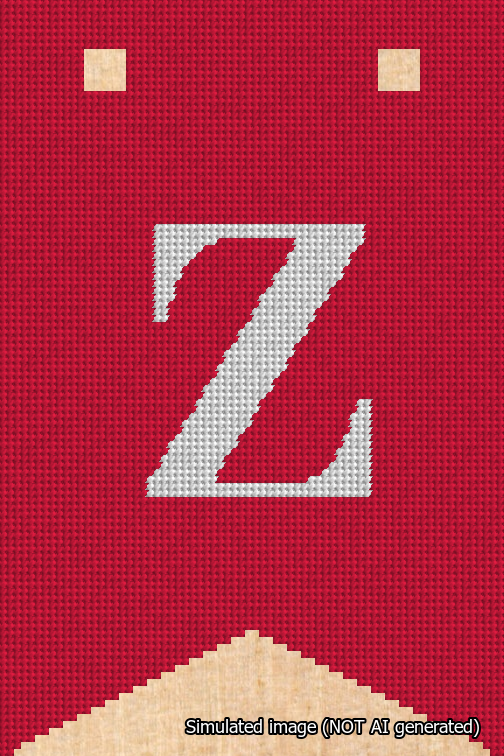 A simulated image of the stitched needlepoint design: Banner 18m Forked Z White on Red. Not A.I. generated.