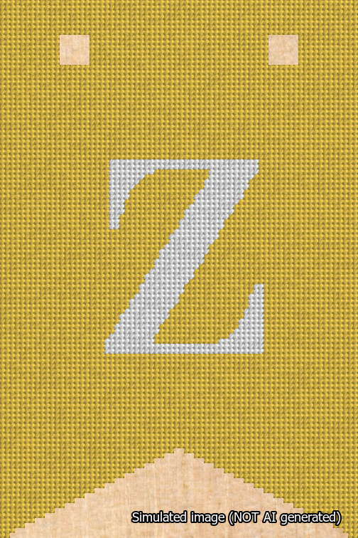 A simulated image of the stitched needlepoint design: Banner 18m Forked Z White on Yellow. Not A.I. generated.