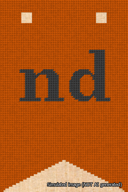 A simulated image of the stitched needlepoint design: Banner 18m Forked nd Black on Orange. Not A.I. generated.