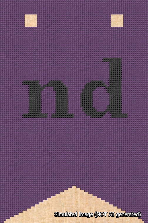A simulated image of the stitched needlepoint design: Banner 18m Forked nd Black on Purple. Not A.I. generated.