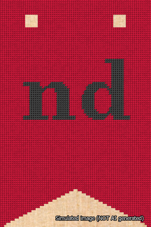 A simulated image of the stitched needlepoint design: Banner 18m Forked nd Black on Red. Not A.I. generated.