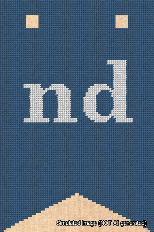 A simulated image of the stitched needlepoint design: Banner 18m Forked nd White on Blue. Not A.I. generated.