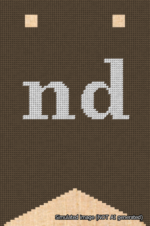 A simulated image of the stitched needlepoint design: Banner 18m Forked nd White on Brown. Not A.I. generated.