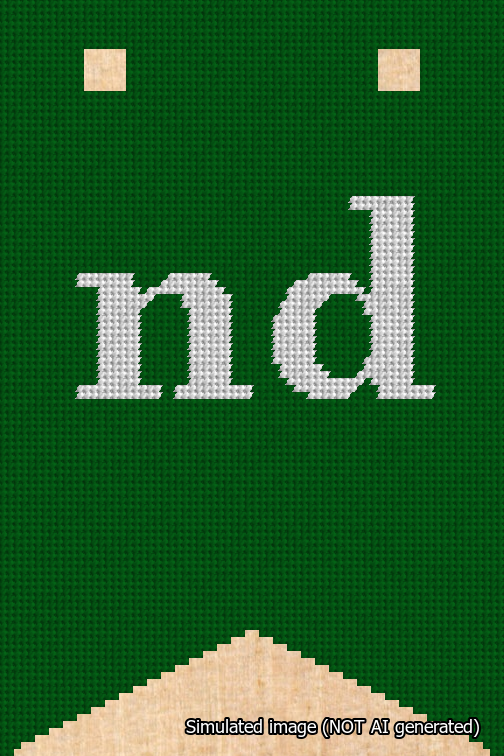 A simulated image of the stitched needlepoint design: Banner 18m Forked nd White on Green. Not A.I. generated.