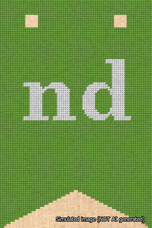 A simulated image of the stitched needlepoint design: Banner 18m Forked nd White on Light Green. Not A.I. generated.