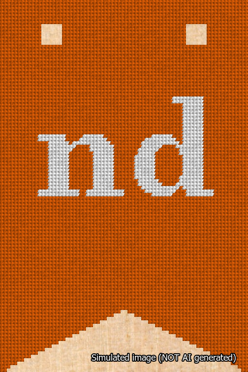 A simulated image of the stitched needlepoint design: Banner 18m Forked nd White on Orange. Not A.I. generated.