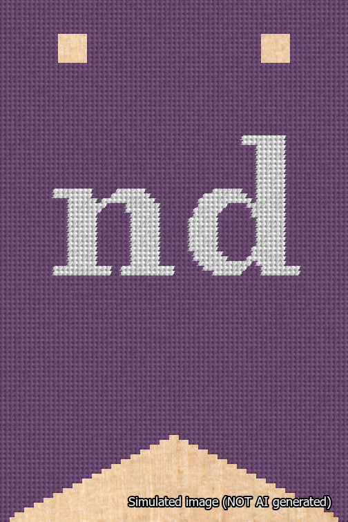 A simulated image of the stitched needlepoint design: Banner 18m Forked nd White on Purple. Not A.I. generated.