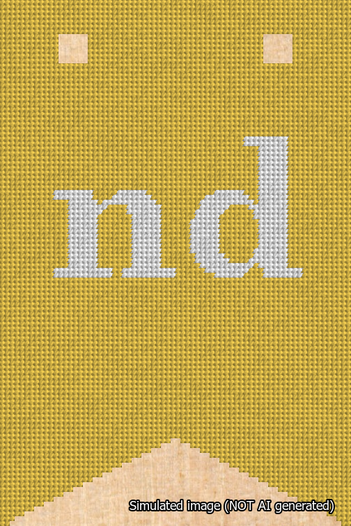 A simulated image of the stitched needlepoint design: Banner 18m Forked nd White on Yellow. Not A.I. generated.