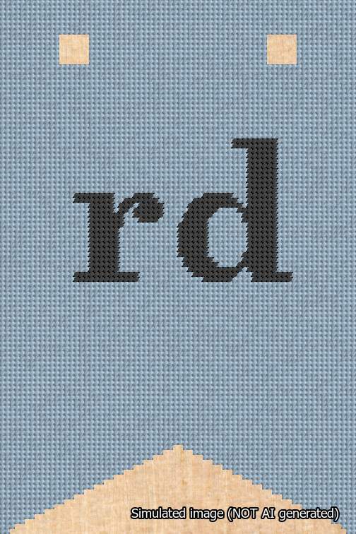 A simulated image of the stitched needlepoint design: Banner 18m Forked rd Black on Light Blue. Not A.I. generated.